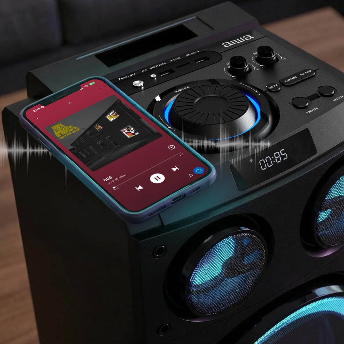 Sistema de Audio Bluetooth Aiwa AWPOC14 Negro con 100W RMS, Doble Bocina de 10 Pulgadas y Luces LED Integradas