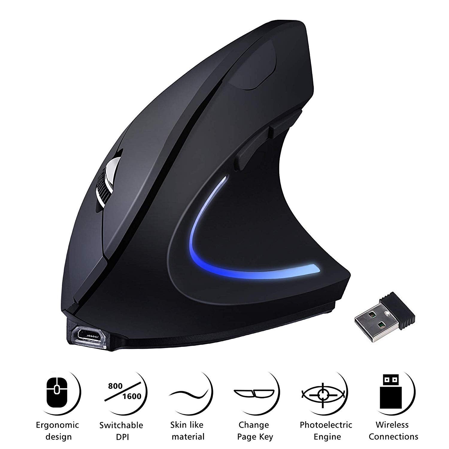 Charlemain Ratón Vertical Inalámbrico Ergonómico Recargable USB Ratón, 2.4 G ratón óptico para PC/portátil/Mac 800/1200/1600 dpi 6 Partes de Control-Negro
