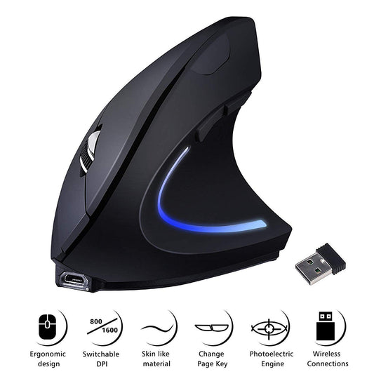 Charlemain Ratón Vertical Inalámbrico Ergonómico Recargable USB Ratón, 2.4 G ratón óptico para PC/portátil/Mac 800/1200/1600 dpi 6 Partes de Control-Negro