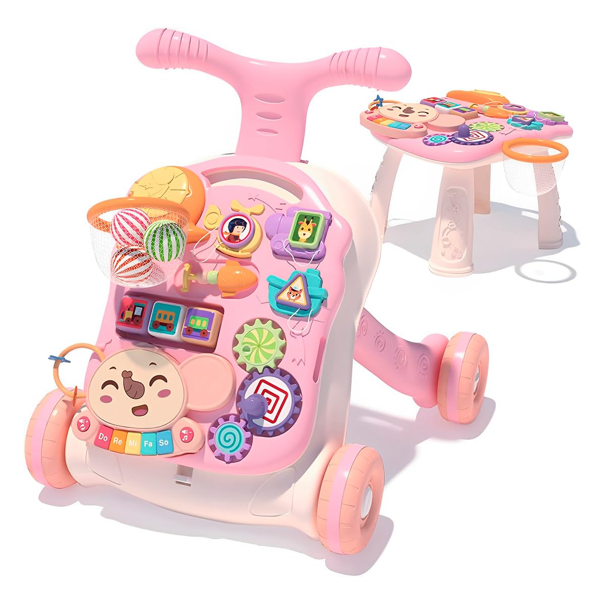 Andadera Musical Raganet Rosa 2 en 1 con Mesa de Actividades y Panel de Juego Extraíble para Bebés