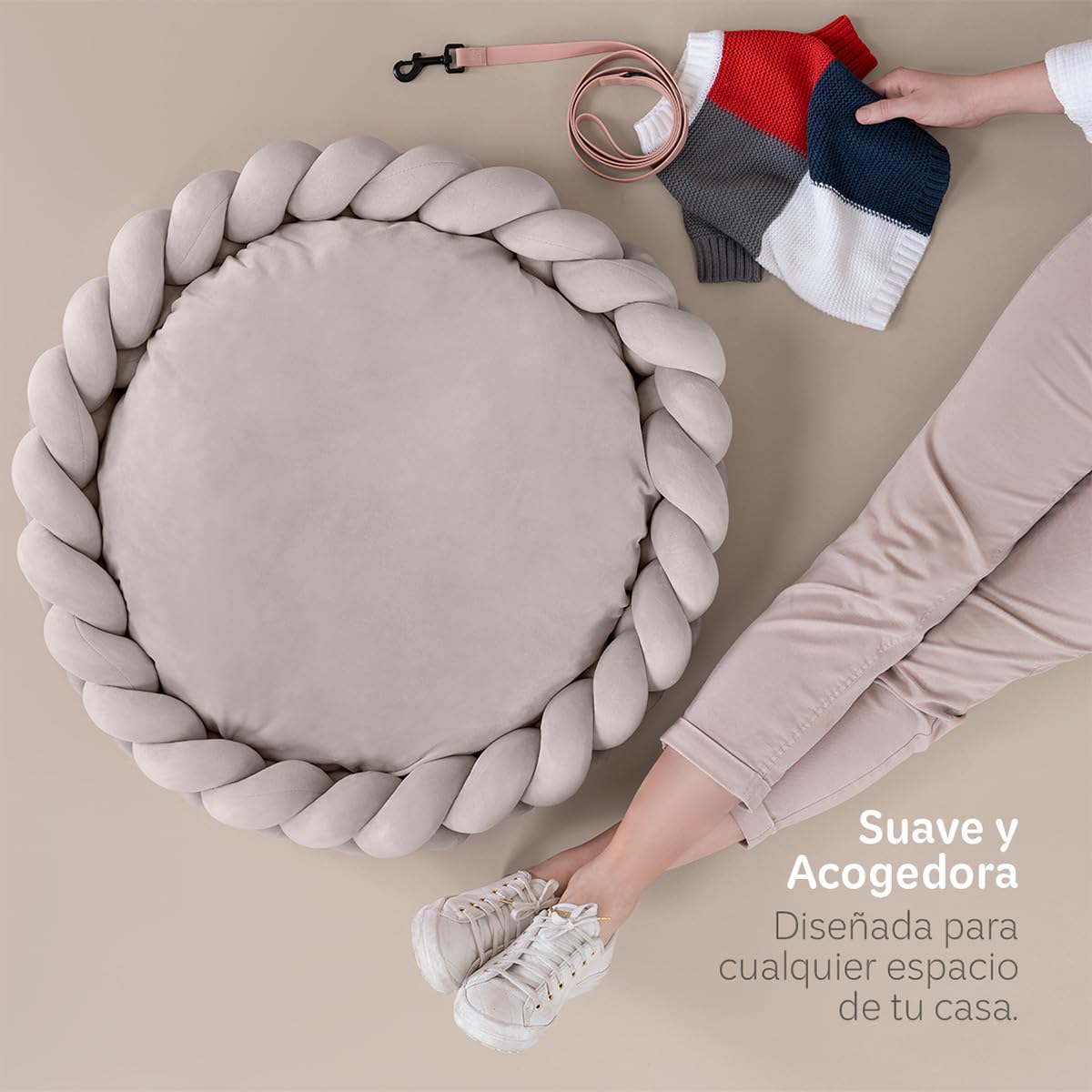 Cama Redonda Esquimal Beige Trenzado Cojín Antiestrés Lavable para Perro y Gato Mediano