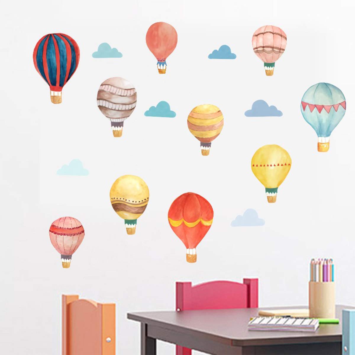 Bamsod - Adhesivos Decorativos para Pared, diseño de Globo de Aire Caliente y Nubes sonrientes