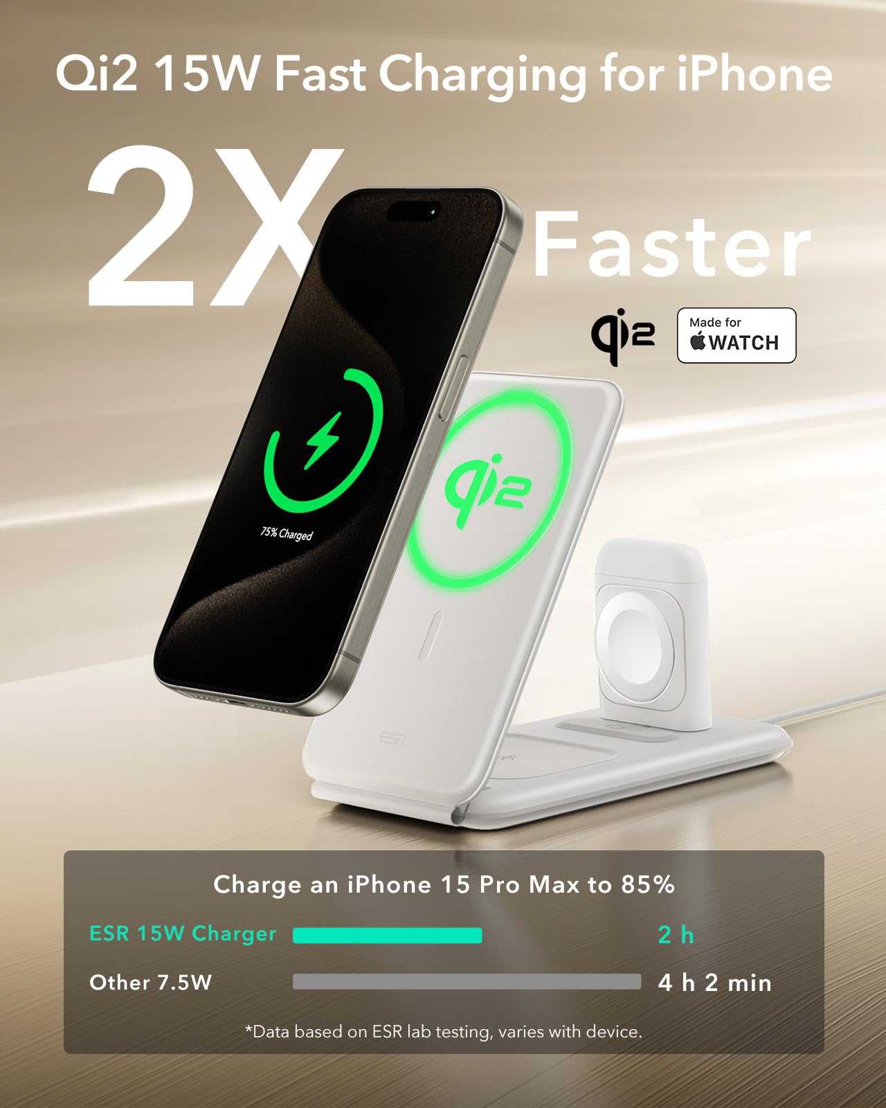 Estación de Carga 3 en 1 ESR Blanco con Cargador MagSafe Qi2 de 15W para Apple