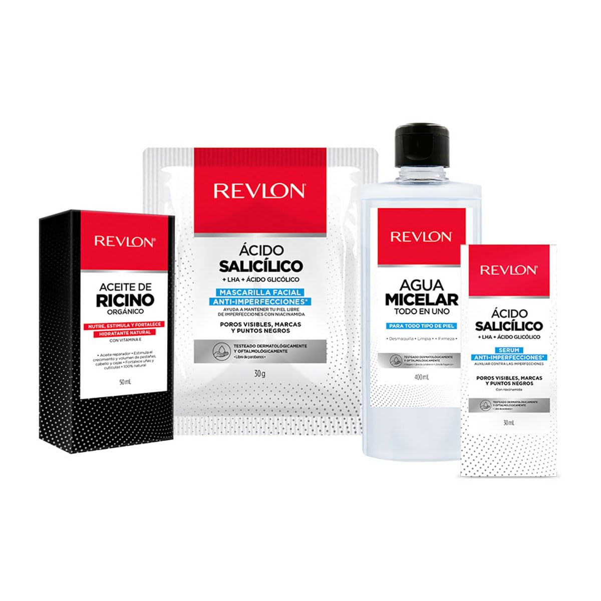 Revlon - Set Aceite de Ricino, Agua micelar todo en 1, Mascarilla Facial y Suero de Ácido Salicílico