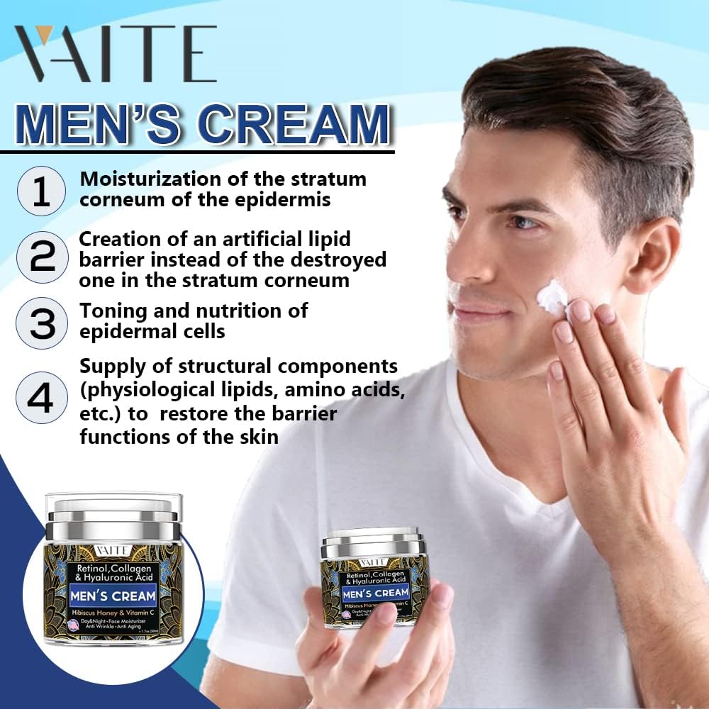 VAITE Crema facial para hombres con colágeno, retinol, antienvejecimiento, antiarrugas debajo de los ojos Crema para el cuidado de la cara para hombres con hibisco y miel, ácido hialurónico, vitamina C Fabricado en EE. UU.