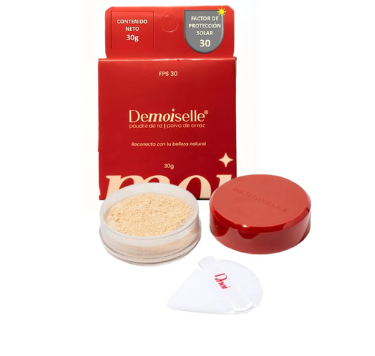 Demoiselle Polvo de Arroz Facial Suelto Traslúcido Claro Rachel con FPS 30 | Acabado Mate | Control de Brillo y Grasa | 30 g