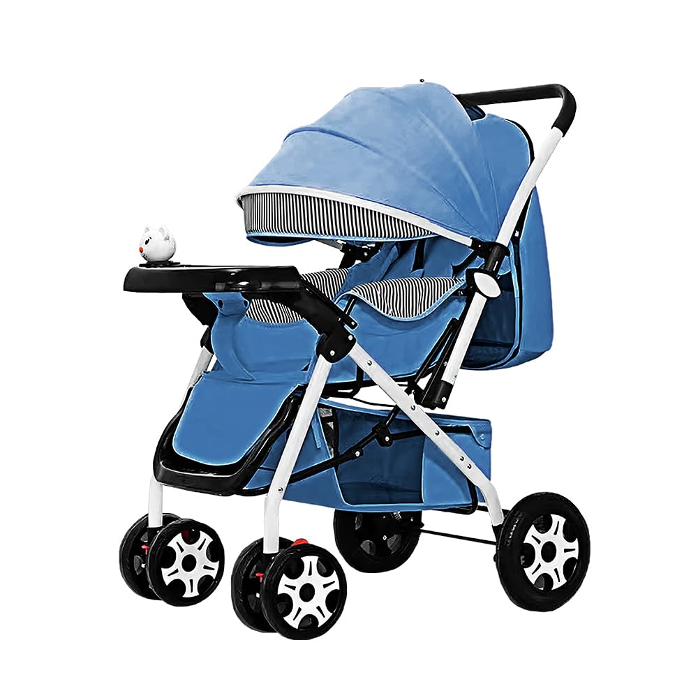 Carriola De Bebé Plegable Rosa (Azul) Carriola De Bebé Plegable Mango Reversible Respaldo Ajustable Ruedas Delanteras Giratorias Arnes De Seguridad De 5 Puntos Bandeja De Comida Y Musica 2 En 1