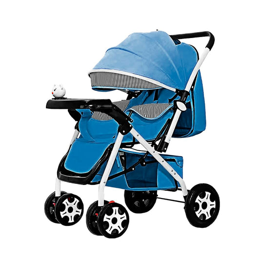 Carriola De Bebé Plegable Rosa (Azul) Carriola De Bebé Plegable Mango Reversible Respaldo Ajustable Ruedas Delanteras Giratorias Arnes De Seguridad De 5 Puntos Bandeja De Comida Y Musica 2 En 1