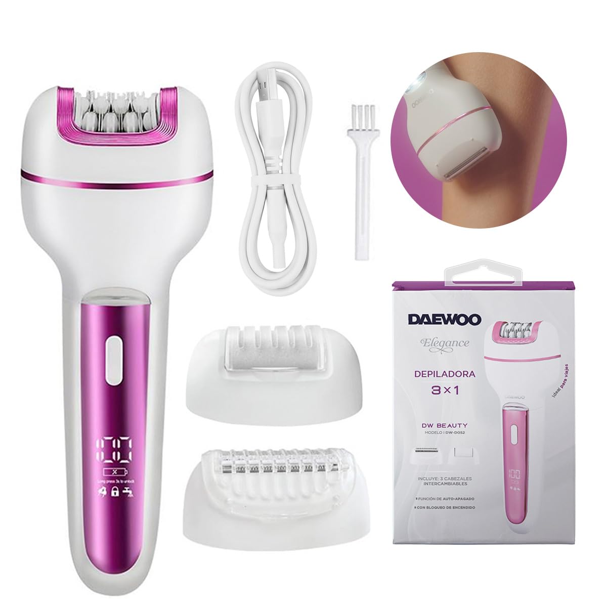 Daewoo Depiladora Corporal Inalámbrica Recargable 3 en 1, Pantalla Digital