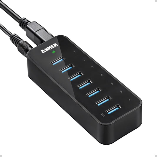 Hub USB Anker Negro 7 Puertos USB 3.0 con Adaptador de Corriente 36 W para Portátil