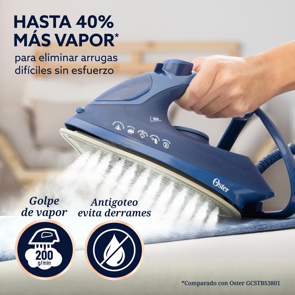 Oster Plancha de Vapor, AeroGlide Plus S7400, con Golpe de Vapor 200 g/min, Recubrimiento Metálico Cerámico, Suela con más Cobertura, Tecnología Aeroceramic, Antigoteo, Azul Oscuro, GCSTAC7401-013