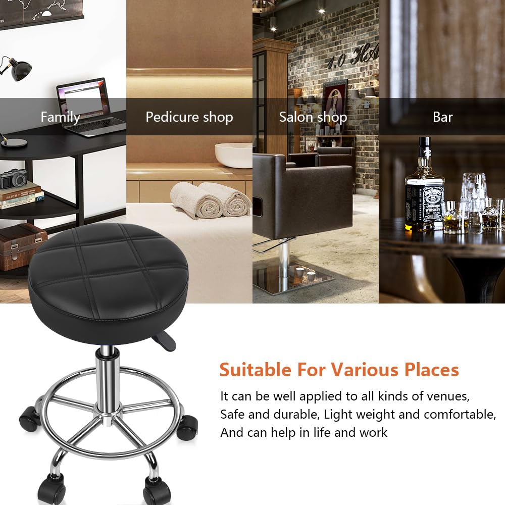 KKTONER Sillas giratorias de Piel sintética con Ruedas Taburetes giratorios Redondos de Altura Ajustable con reposapiés para SPA Masaje Tatuaje Salón Pequeño Negro