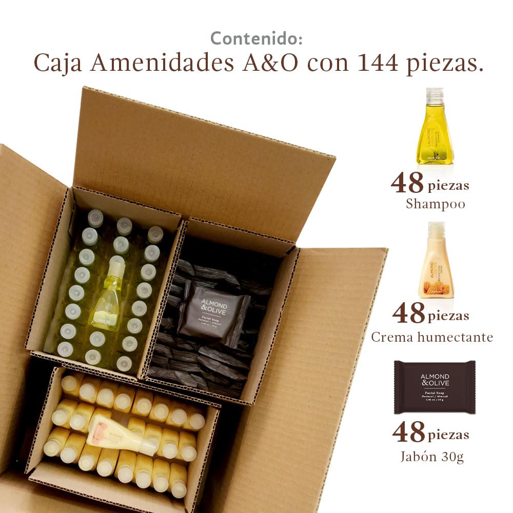 Jypesa | Jabón Hotelero Almond & Olive | Amenidades Hoteleras para Hotel y Airbnb | Kit de Baño 144 Piezas | Jabones Crema y Shampoo