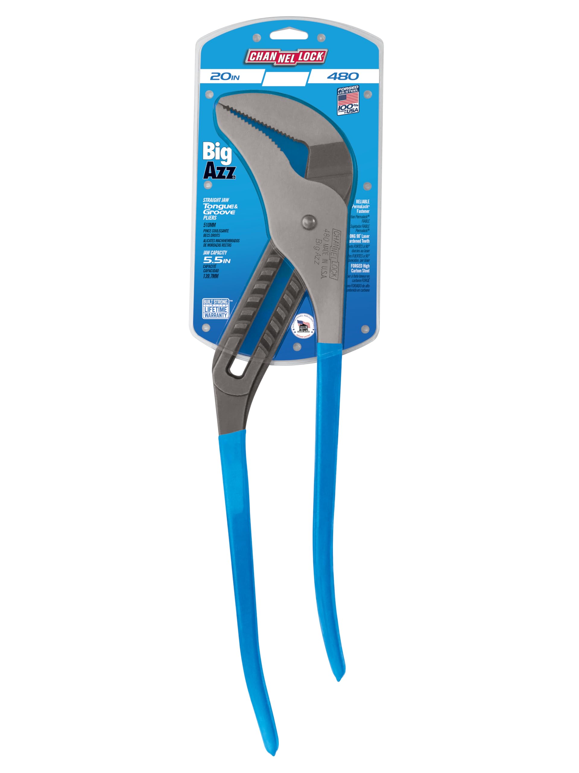 Channellock 480 BIGAZZ - Alicates de lengüeta y ranura | Alicates de junta de ranura de mandíbula recta de 20.25 pulgadas | Capacidad de mandíbula de 5.5 pulgadas | Dientes tratados térmicamente con