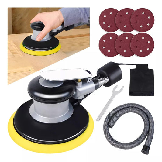 Lijadora Orbital Neumática 6'' Pulgadas, Lijadora Orbital Industrial Aleatoria Palma de Aire 12000 RPM con 6 Papeles de Lija Para Pulidor de Madera de Metal y Trabajo de Carrocería de Auto