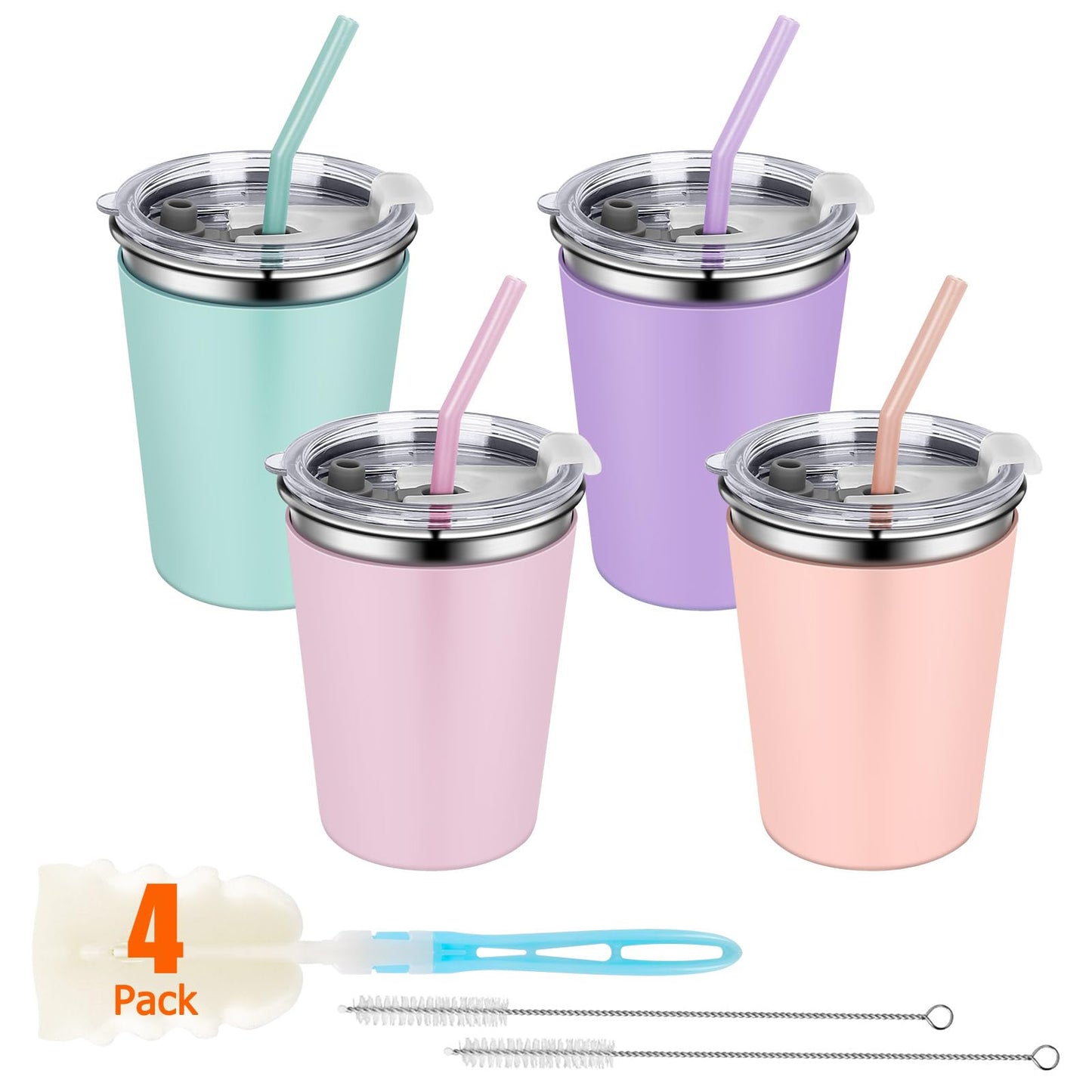 Rommeka Tazas para niños a prueba de derrames, paquete de 4 de 12 onzas, tazas de acero inoxidable para niños pequeños con pajitas y tapas, taza con boquilla con fundas de silicona, tazas para niños