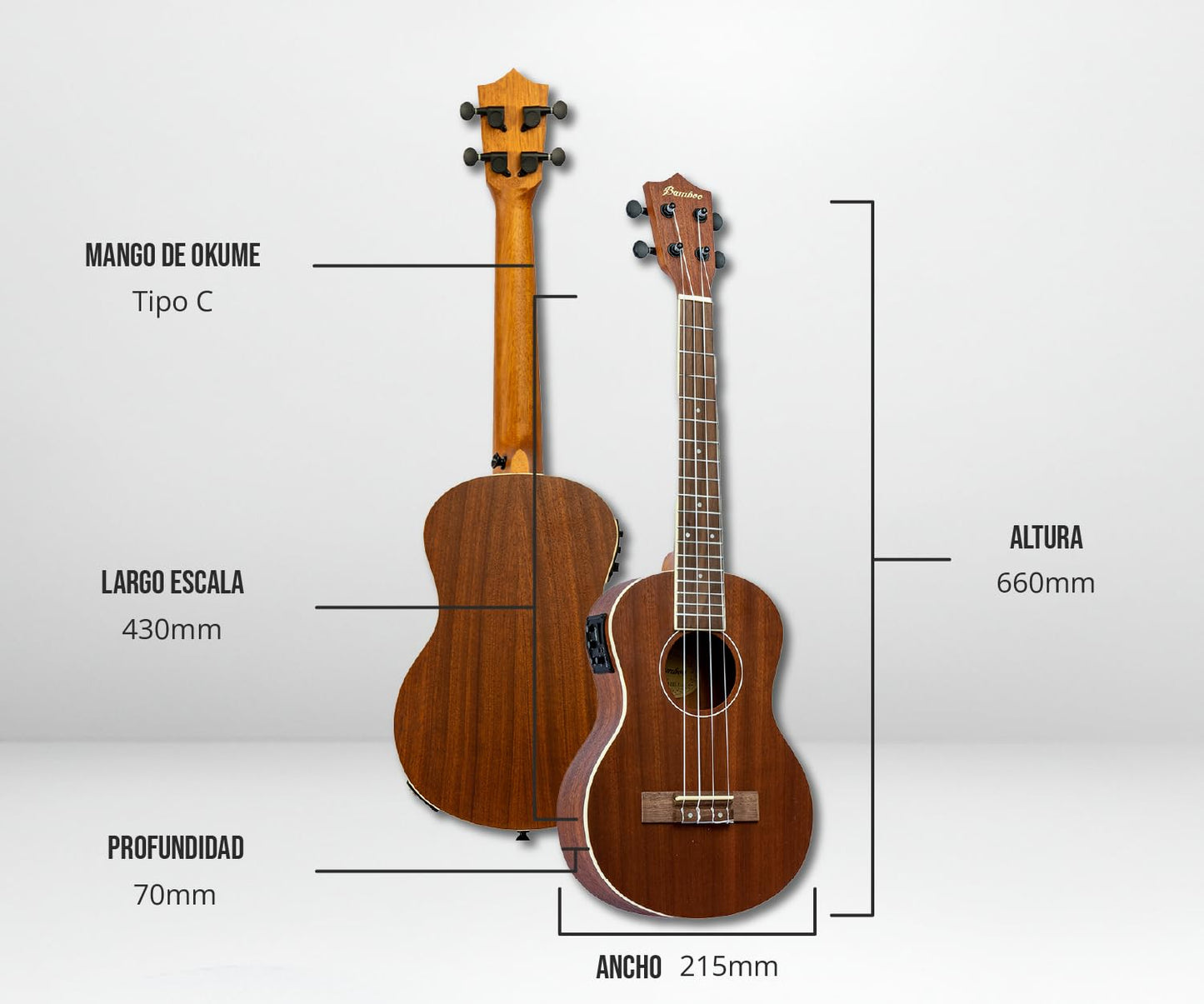 BAMBOO, Ukulele Tenor Sapele Electroacústico con Funda