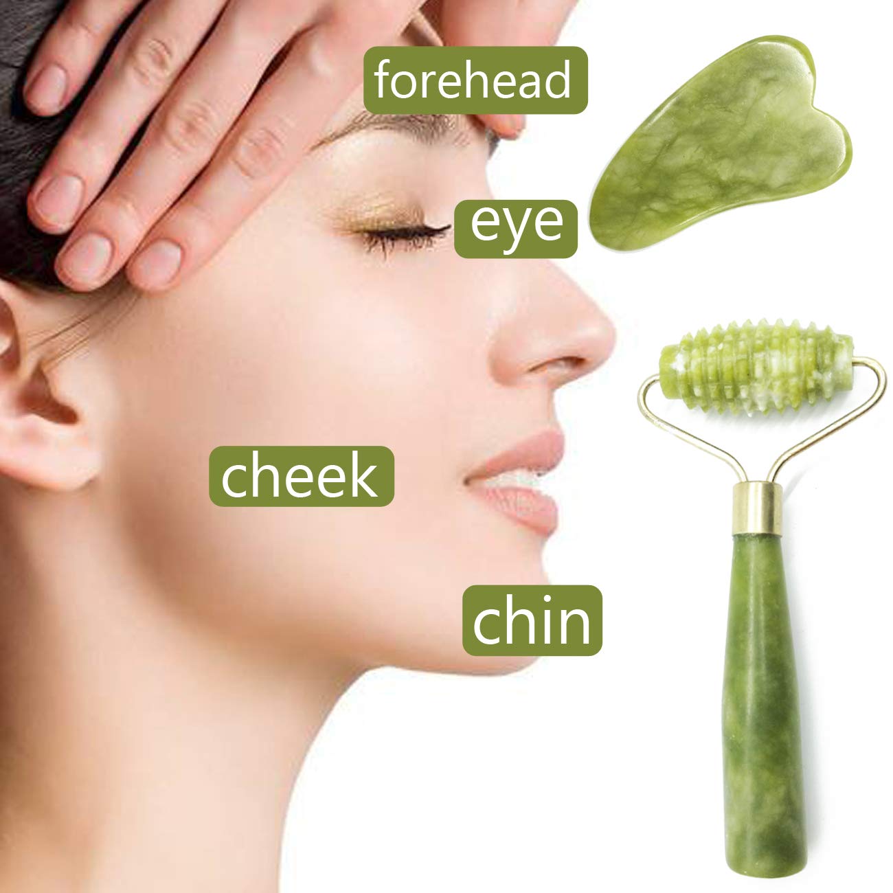 TIHOOD Gua Sha Sets de 6 unidades, paquete de 4 rodillos de jade faciales estriados de rodillo de piel con 2 piezas Gua Sha Raspando Herramientas de Masaje Anti Envejecimiento y arrugas para cara, ojo, cuello, cuerpo para masaje linfático