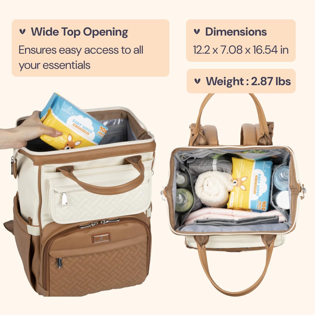 BabbleRoo - Mochila para pañales de cuero, mochila grande multifunción con cambiador y correas para el carrito y estuche para chupete, mochila de viaje elegante unisex, bolsa cambiadora de pañales