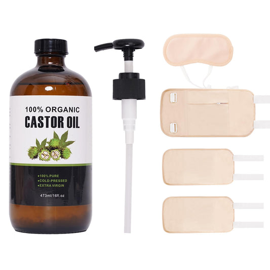 XIKERAY - Aceite de ricino orgánico prensado en frío sin refinar (16 onzas/473 ml), paquete de aceite de ricino reutilizable, algodón orgánico, kit de aceite de ricino para cintura, rodillas y cuello
