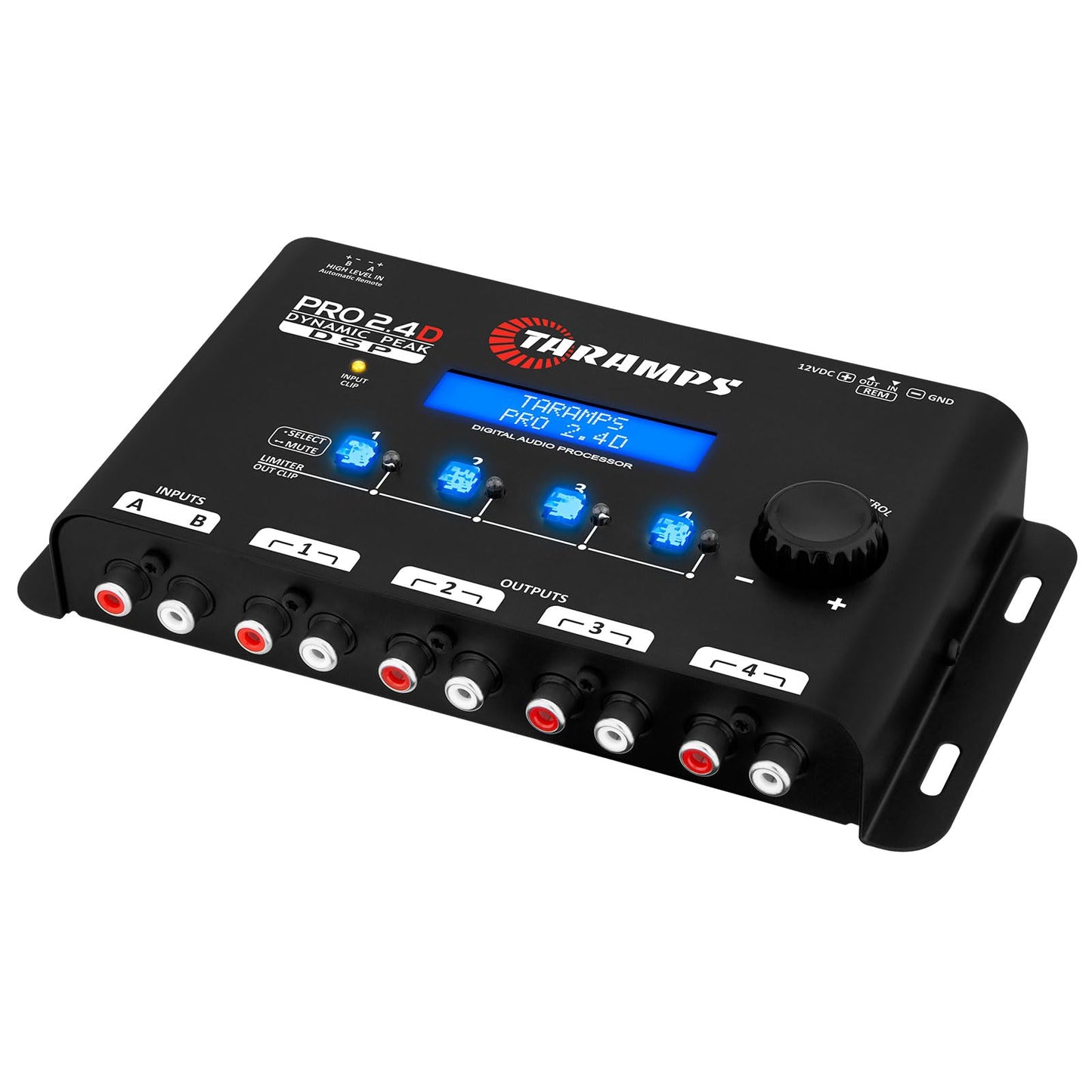 Taramps Pro 2.4D Dynamic Peak DSP Crossover Procesador y ecualizador de audio de coche de señal digital completa, entrada RCA y de alto nivel, salida de 4 canales, entrada de 5 bandas, Eq 12