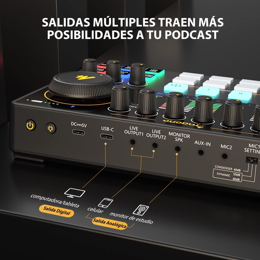 MAONO Mezcladora Interfaz de Audio con Micrófono Condensador XLR, Caster Podcast Studio Kit Todo en Uno para Grabación, Streaming, voz en off, Youtube, DJ, PC, Guitarra (AME2A)