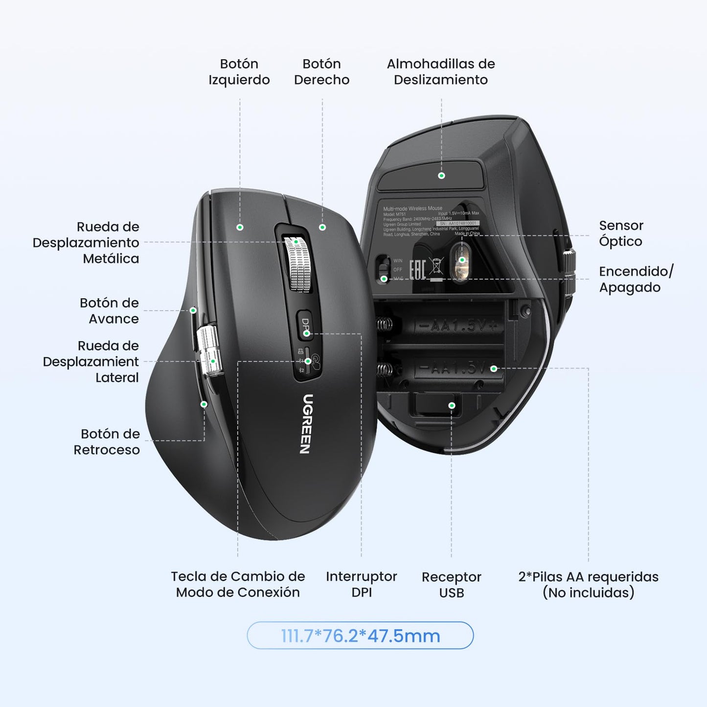 Mouse Inalámbrico UGREEN Negro con Scrolling Ultra-rápido y 5000 dpi Ergonómico y Silencioso
