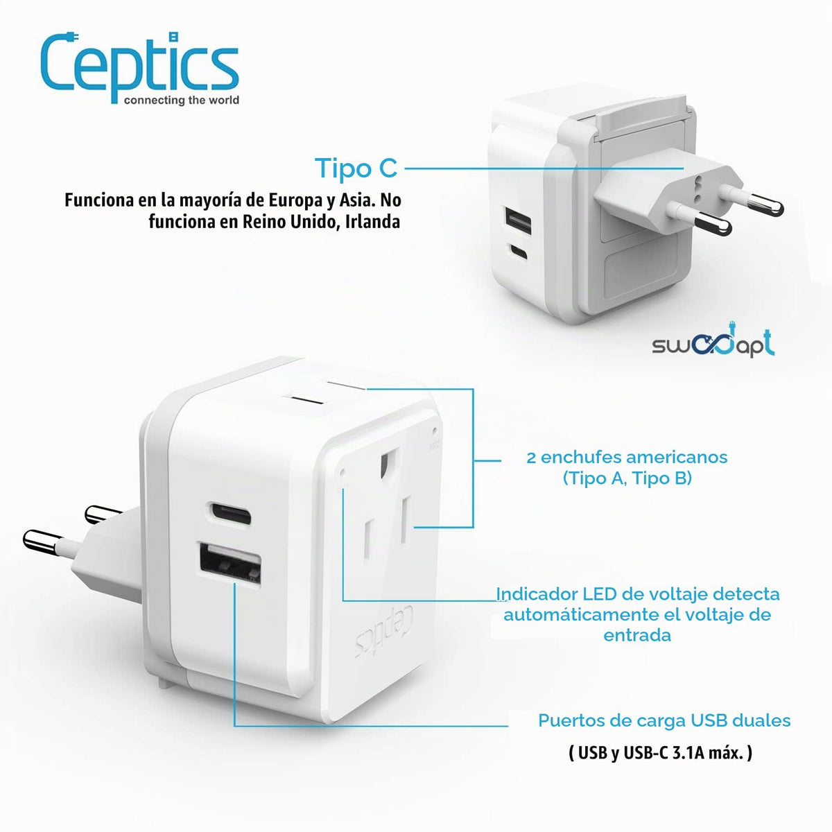 Juego de Adaptador de Enchufe Internacional Ceptics Blanco USB Dual Seguro y USB-C Compacto para Viajes por Europa, Asia, África y en Todo el Mundo