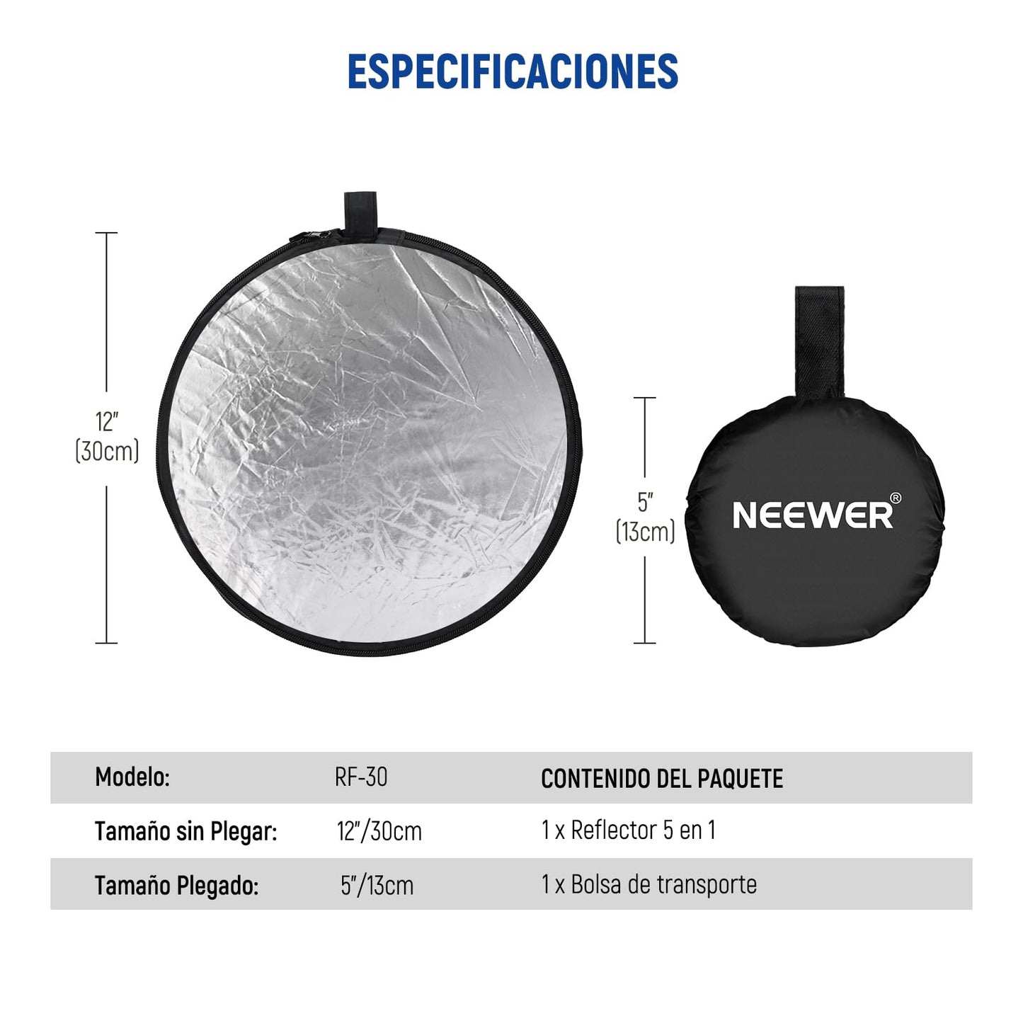 NEEWER Reflector Luz de 12in/30cm Difusor de Luz 5 en 1 Multi Disco Plegable con Bolsa Translúcido, Plateado, Dorado, Blanco y Negro para Iluminación de Fotografía de Estudio y Exteriores