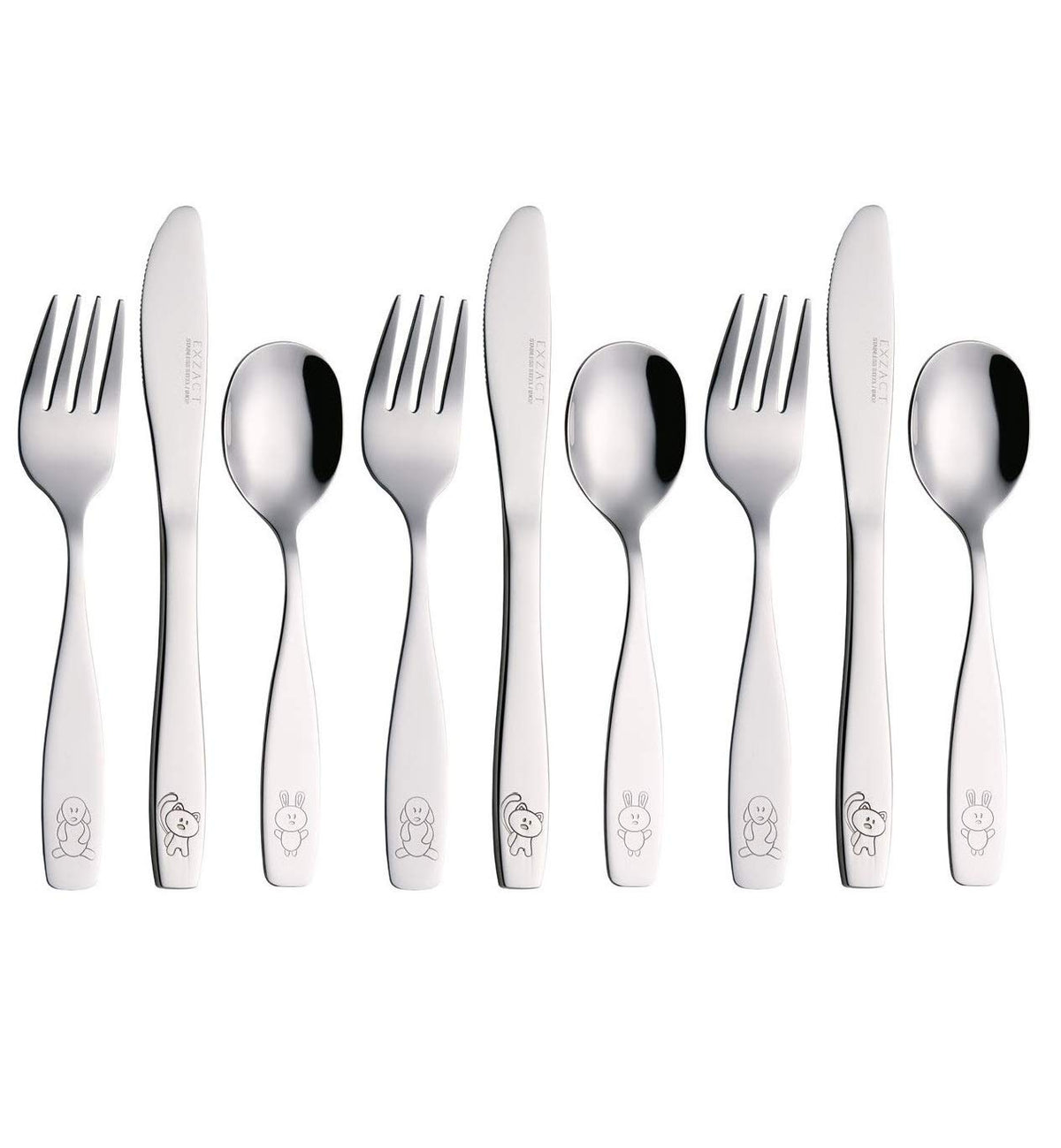 Exzact Children's Flatware 9 Pieces Set - Stainless Steel Cutlery/Silverware 3 x Safe Forks, 3 x Table Knife, 3 x Tablespoons - Safe Kids Toddler Utensils Lunch Box (Engraved Dog Cat Bunny) (WF850-S9)
