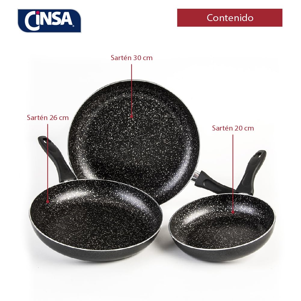 Cinsa Juego de sartenes Experta Roca 3 piezas, Aluminio con antiadherente Roca (Negro, Sarten 20, 26 y 30 cm)