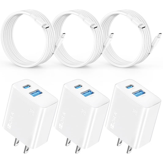 1 Hora 3 Paquetes Cargador Carga Rápida 20W 2 en 1, Cargador Tipo C PD 20W + USB A QC 18W con Cable C a C, Compatible con IP 15 14 13 Pro MAX XS, Galaxy S24/S23/S22/S21+/Note 10, iPad Pro