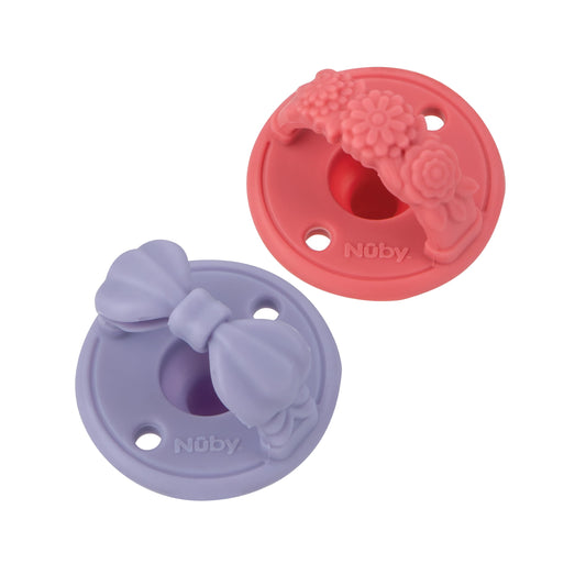 Chupetes Nuby Lazo Morado y Flores Rosas Silicona 3D con Mango Suave y Agujeros de Aire para Bebé