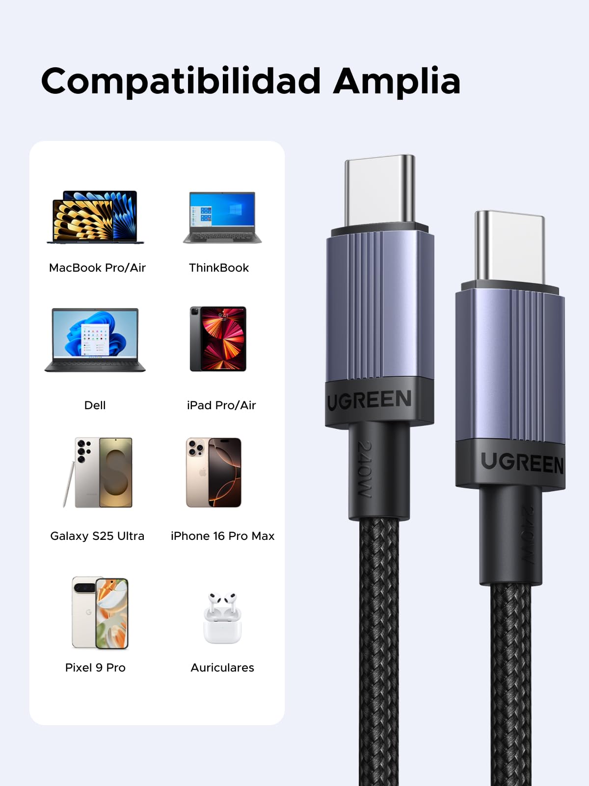 Cable USB C a USB C 3M UGREEN en Negro con Carga Rápida para Laptop y Dispositivos Compatibles