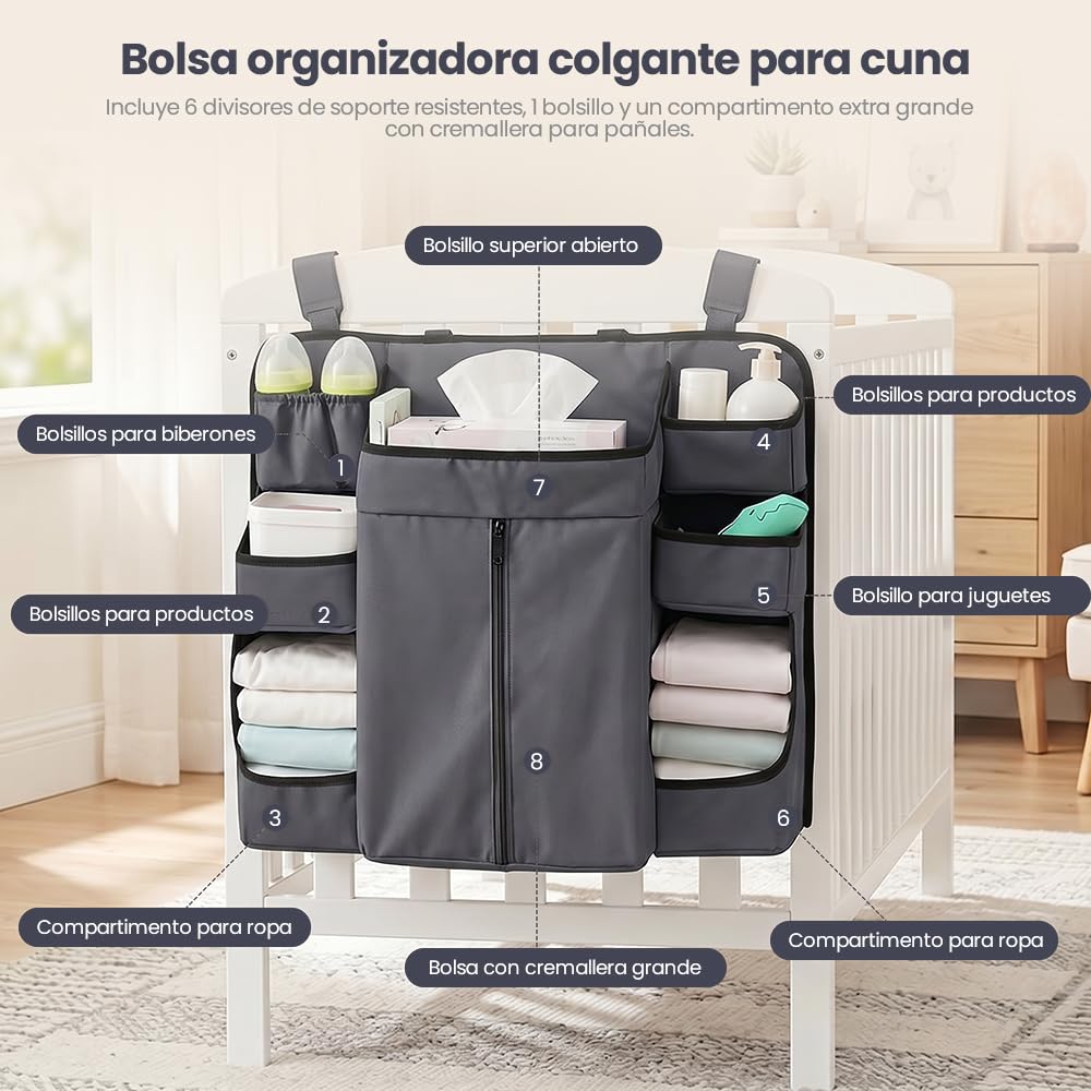 Organizador de Pañales para Bebe, Organizador de Cuna Colgante para Cosas de Bebé, Múltiples bolsillos y compartimentos para guardar pañales, biberones (Gris Oscuro)