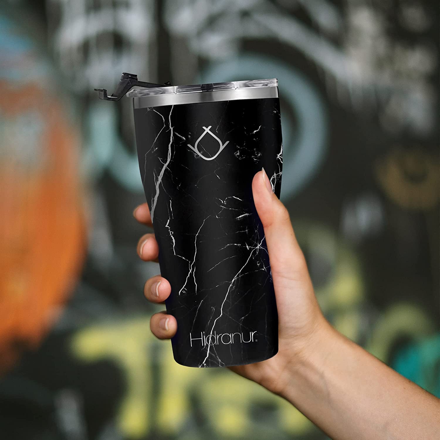Hidranur Termo de Acero Inoxidable Doble Aislamiento Térmico, 20 oz (591.471 ml), Termo para Café, Tapa Hermética Antifugas, Popote Incluido (Negro Mármol, 20 Oz (591.471 ml))