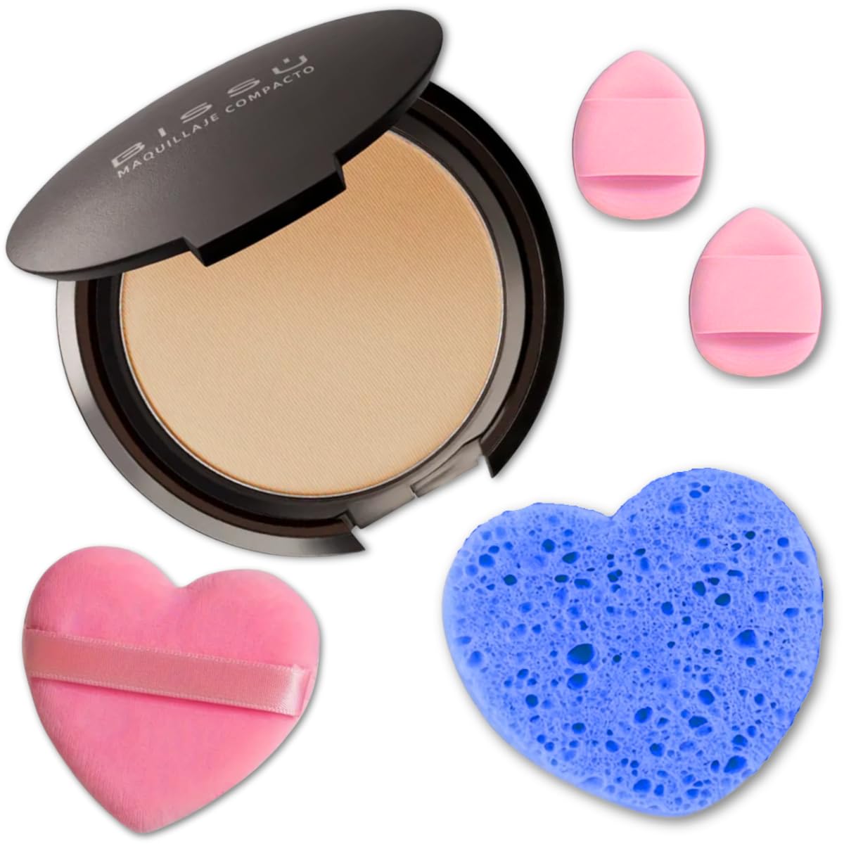 Kit de maquillaje y exfoliación – Polvo compacto Bissú + 1 Almohadilla de terciopelo mediano + 2 Almohadillas de dedos + 1 esponja exfoliante facial (12 Softan)