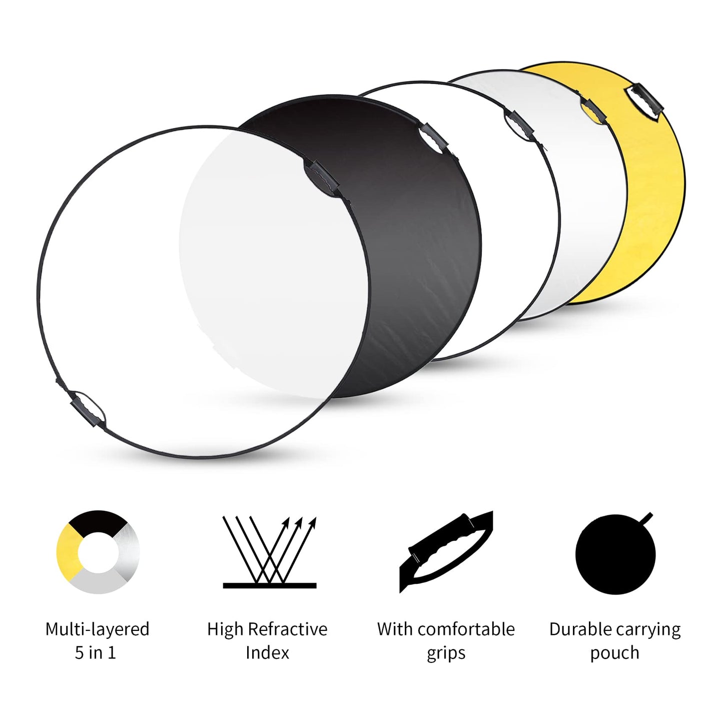 Selens Reflector de fotografía de 43 pulgadas (110 cm), reflector de luz plegable con funda de transporte, reflector 5 en 1 para iluminación de estudio fotográfico, translúcido, plateado, dorado, blanco y negro