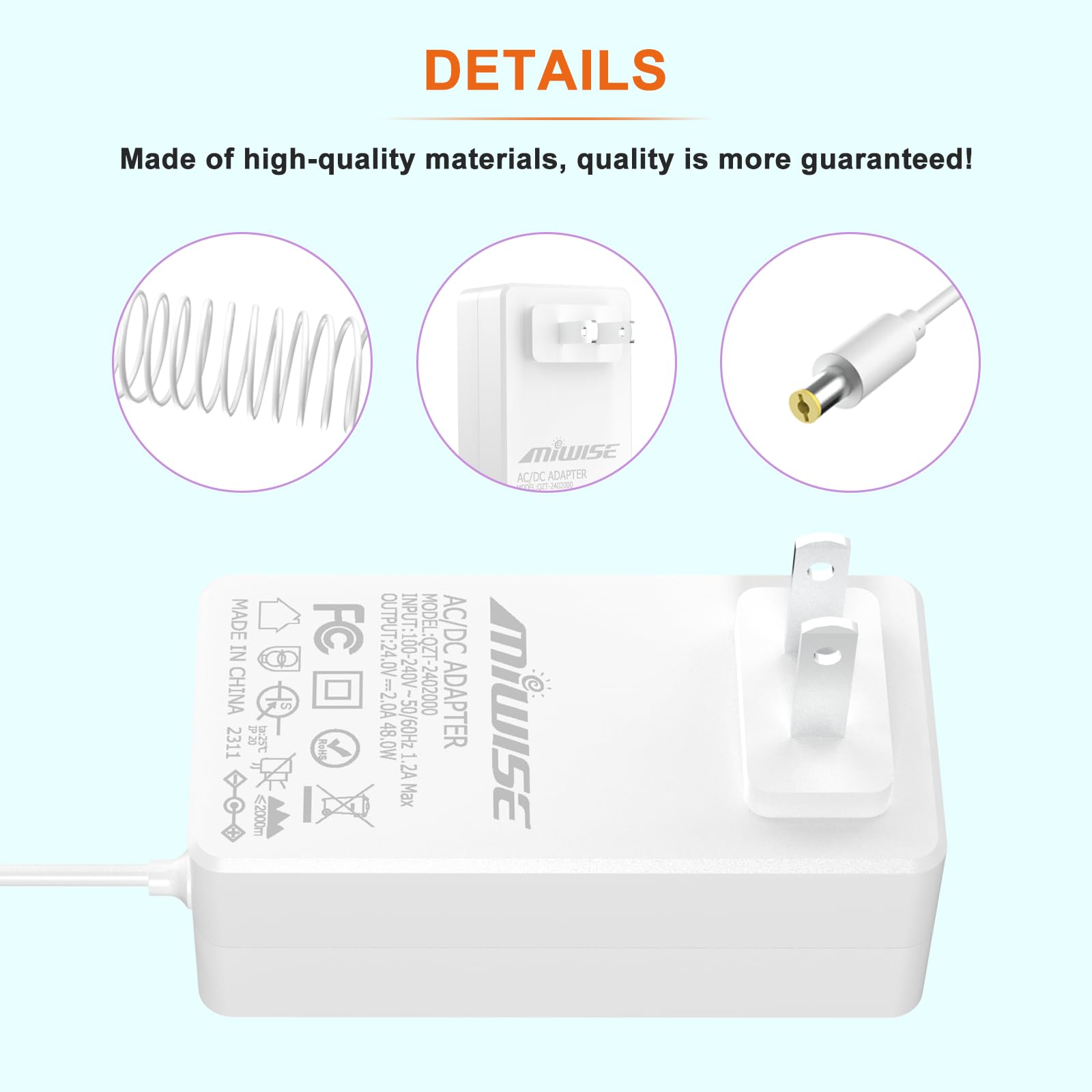 Adaptador de Fuente de Alimentación DC24 2A 48W MIWISE Blanco Convertidor AC a DC para COB LED Strip y Cámara CCTV Enchufe de EE. UU.