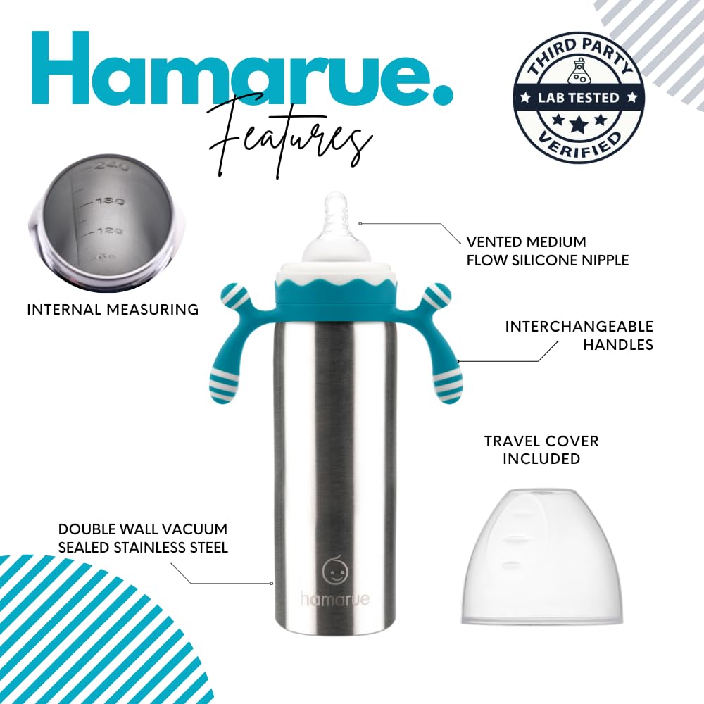 Hamarue Vaso De Acero Inoxidable 3 En 1 De Lujo Para Bebés Y Niños Pequeños | Transferencia De Líquidos Sin Plástico Tóxico | Vaso Y Biberón Con Pajita | Aislamiento A Prueba De Fugas (Verde Azulado,