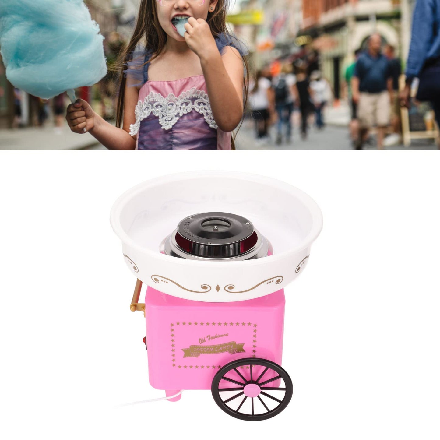 Máquina de Algodón de Azúcar Profesional Hogareña, Color Blanco/Rosa, Bajo Ruido, Operación Simple con Ventosas Incluye Kit Inicio