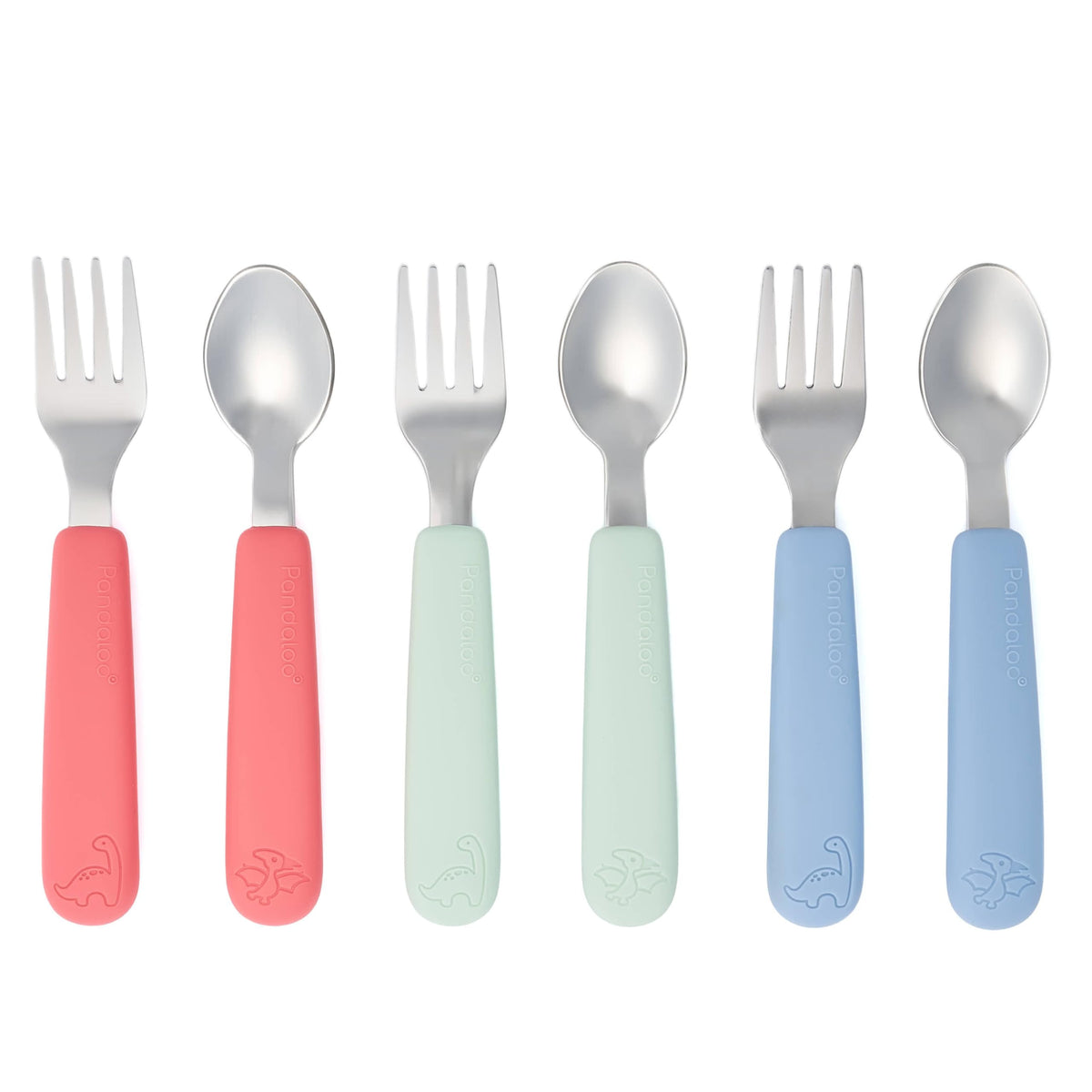 Pandaloo Cubiertos para niños con mango de silicona suave | Juego de tenedor y cuchara para niños pequeños (6 piezas) | Utensilios para niños pequeños | Silicona de grado alimenticio + acero inoxidabl