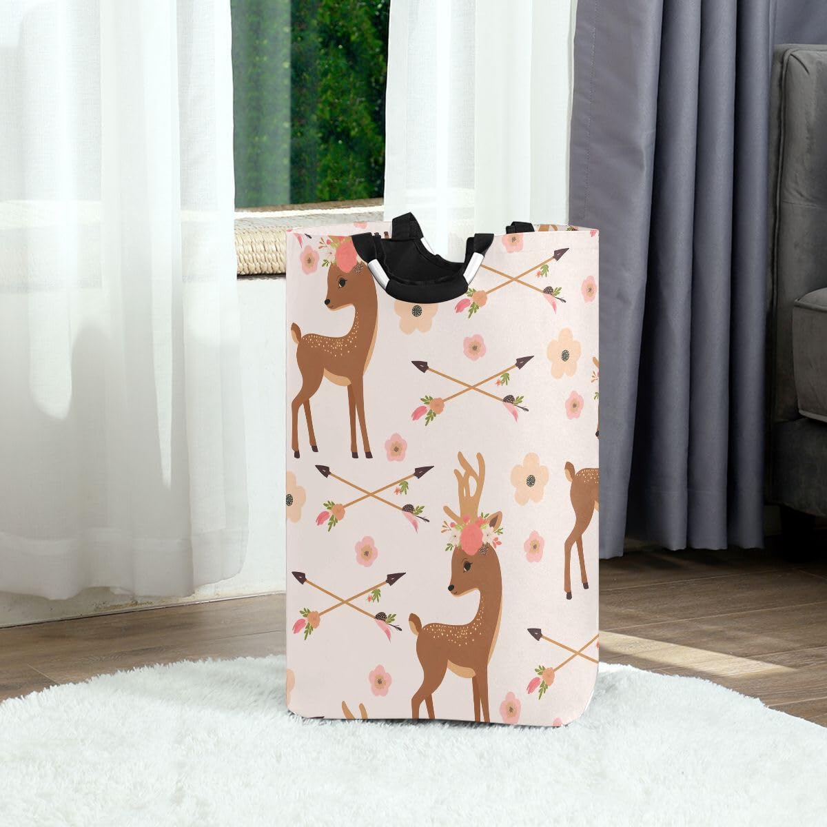 senya Cesta de almacenamiento plegable con diseño de ciervo con flechas de flores, cesta de lavandería para guardería, ropa, juguetes