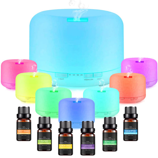 Salandens Difusor De Aceites Esenciales 500ML, Humidificador con 6 Esencias,Difusor De Aromas con 7 Colores De Luz Led,2 Niveles De Niebla,Control Remoto.