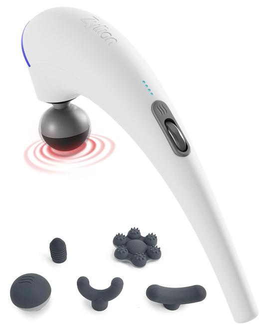 Zyllion Masajeador de mano para espalda y cuello, inalámbrico, recargable, eléctrico, vibrante, masaje de tejido profundo con calor para atletas, recuperación y alivio del dolor muscular, color blanco (ZMA-27-WT)