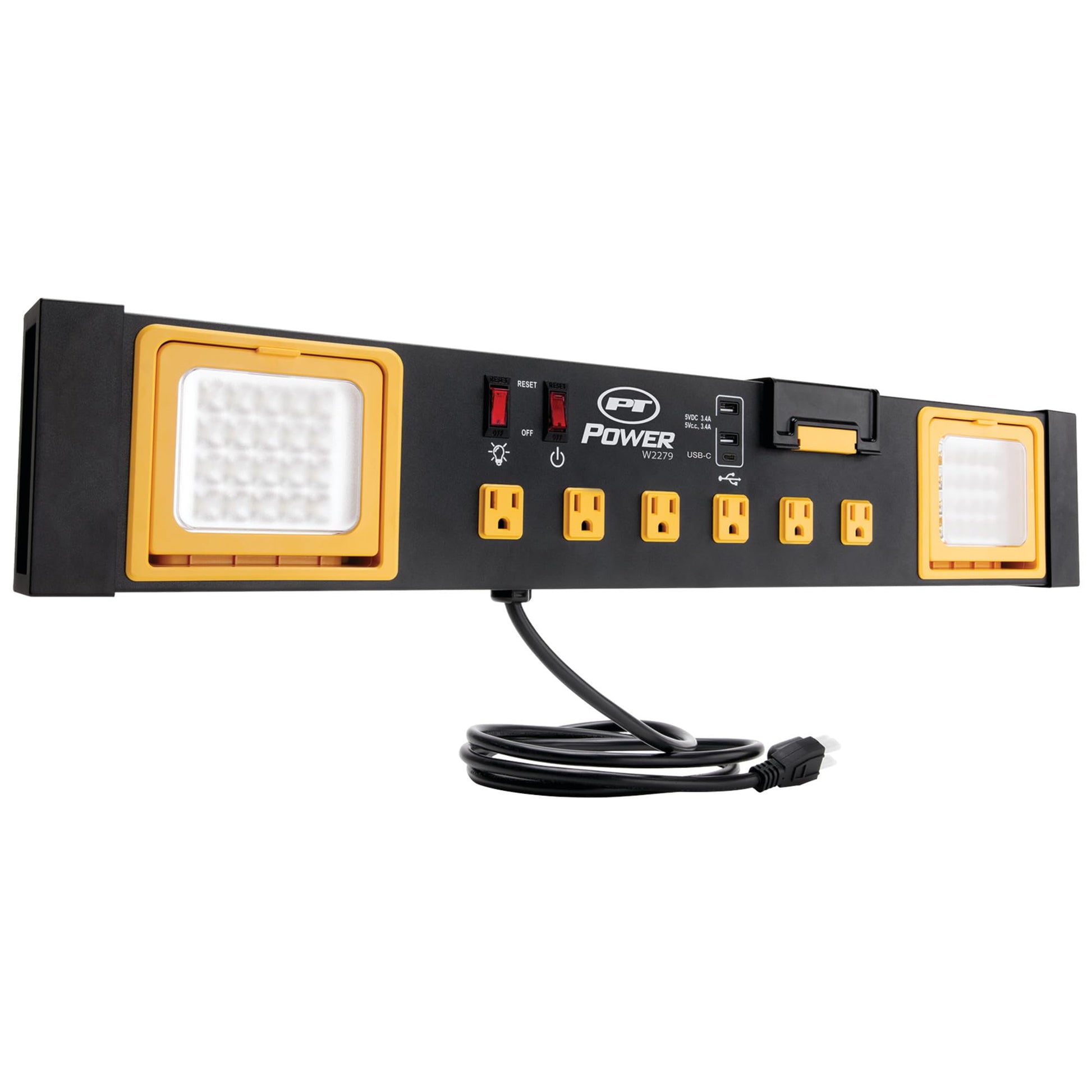 Performance Tool W2279 Central eléctrica de Grado Comercial con 6 tomacorrientes, 2 Puertos USB, Cuna integrada y Luces LED, Ideal para talleres y garajes