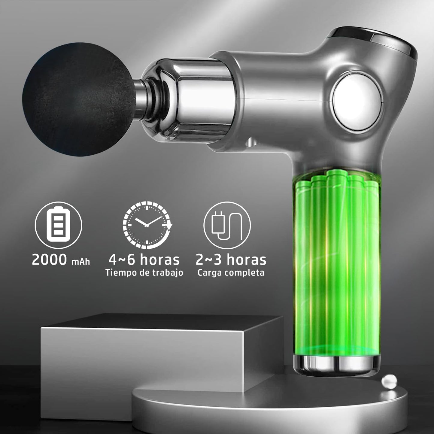 Pistola de Masaje Muscular,Pistola Masajeadora de Tejido Profundo,Máquina de Masaje Espalda Portátil,Hand-Held Massage Gun con 32 Niveles Ajustables y 8 Cabezales,USB Recargable,Súper Silencioso,Plata