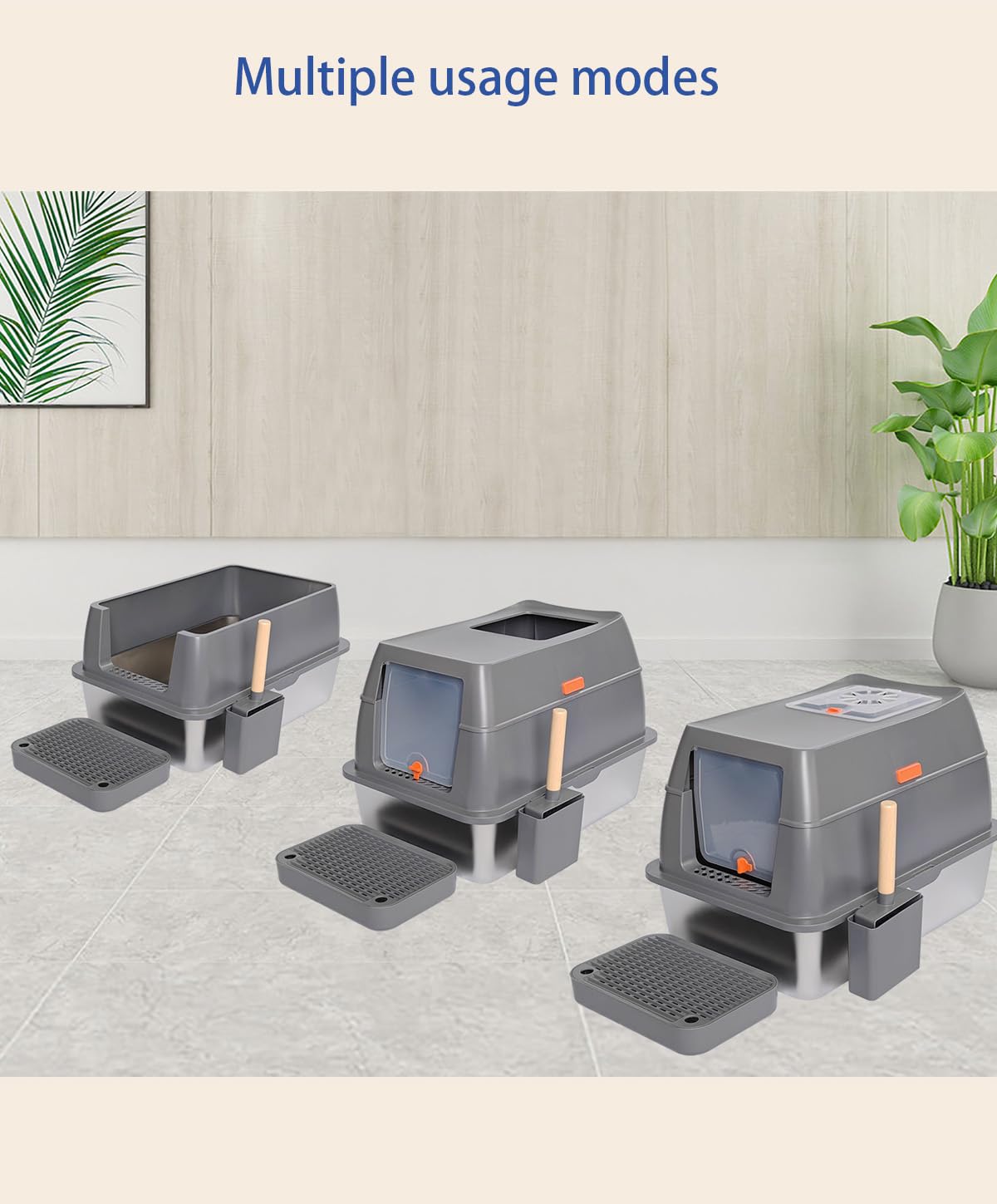 FOXORU - Caja de arena de acero inoxidable XL, diseño espacioso y cerrado con lados altos, entrada y salida múltiples, pedal, duradera para gatos grandes y múltiples gatos, color gris