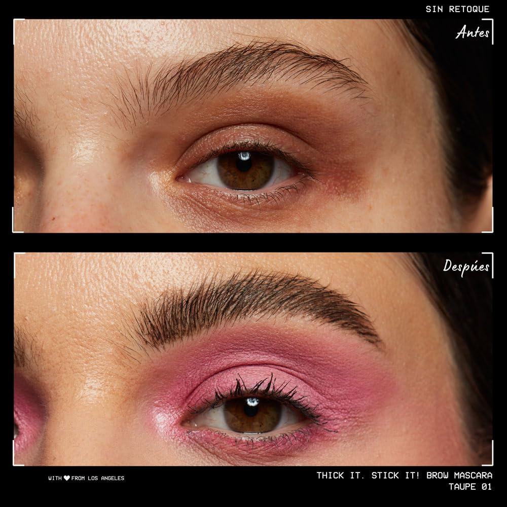 NYX Professional Makeup, Thick It Stick It! Gel de cejas con color, 7ml. Tono: Taupe. Mascara de cejas con microfibras que rellena, da volumen y fija las cejas hasta por 16 horas. Fórmula vegana.