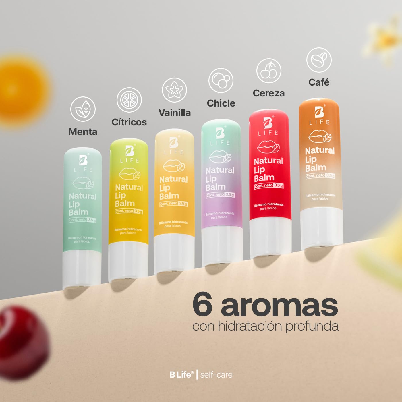 B Life | Kit De 6 Bálsamos Labiales En Barra | Aroma a Menta, Cítricos, Vainilla, Chicle, Cereza y Café | Con Vitamina E | Natural Lip Balm.